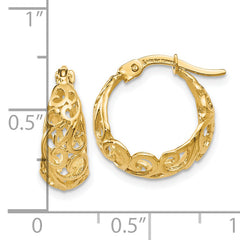 14K Gold Polished Hinged Hoop Earrings with Filigree Creole Design