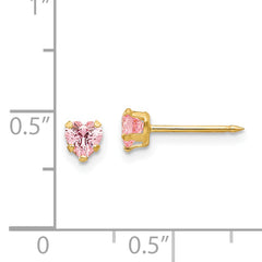14K Gold Pink Heart CZ Stud Earrings with Elegant Birthstone Design