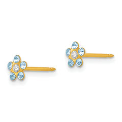 14K Gold March Birthstone Flower Earrings with Light Blue Crystal