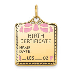 14K Gold Pink Enameled Engravable Birth Certificate Charm