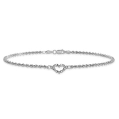 14k White Gold Diamond-cut Rope with Heart 10in Anklet
