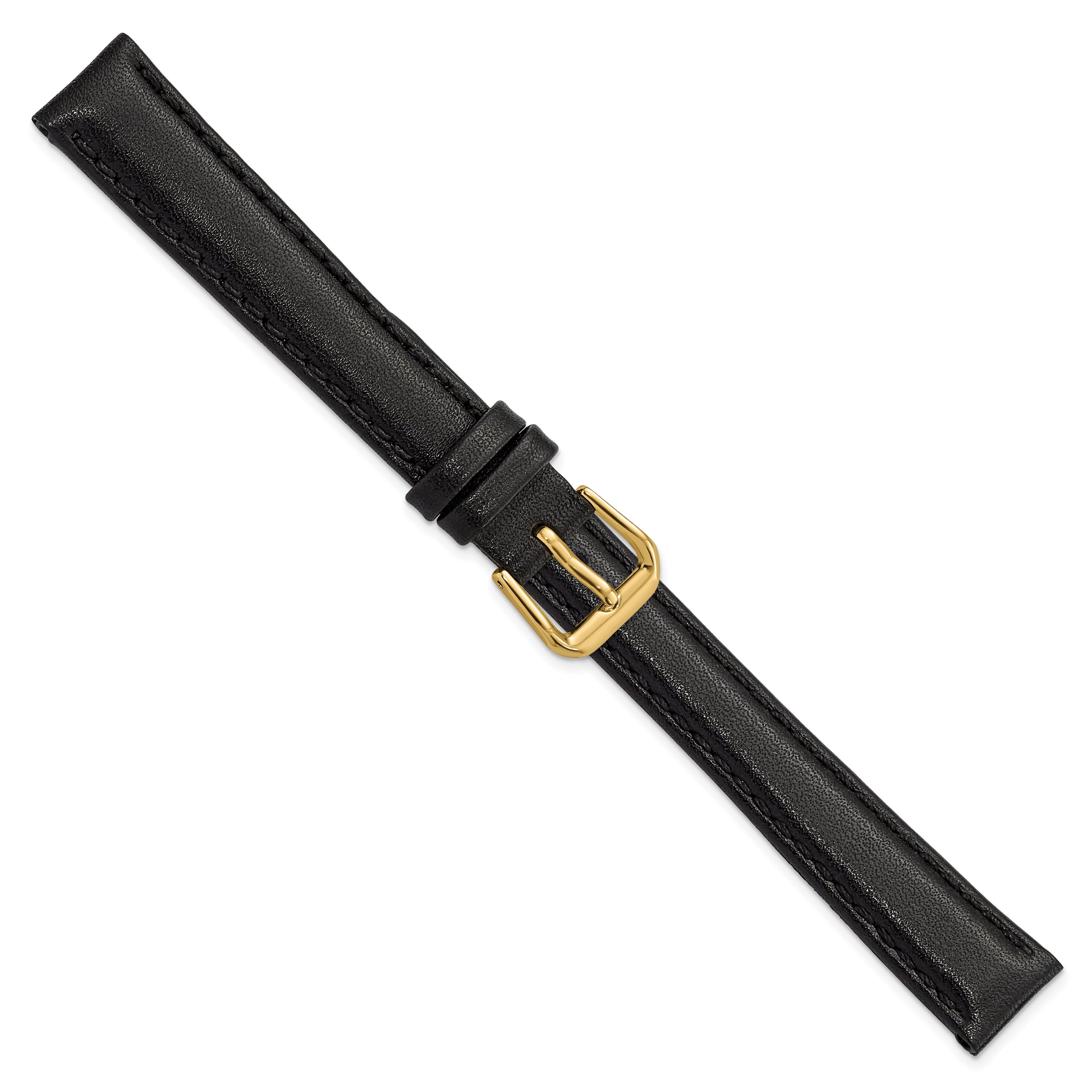 12mm Black Long Smooth Leather with Gold-tone Buckle 7.5 inch Watch Band