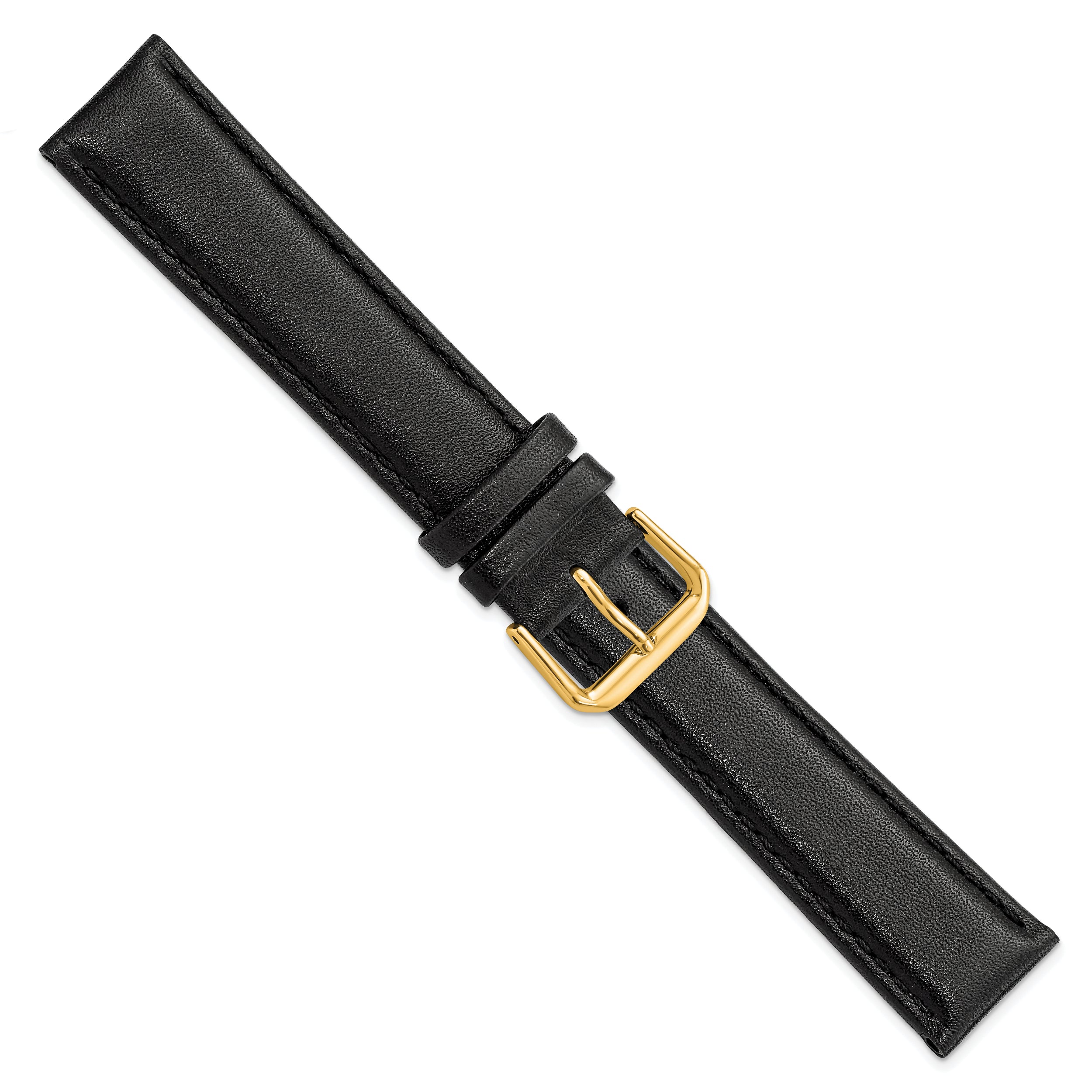 12mm Black Long Smooth Leather with Gold-tone Buckle 7.5 inch Watch Band