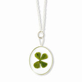 Silver Trim Four Leaf Clover Oval w/ Silver-plated Chain