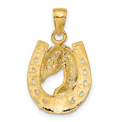 14K Gold Polished Horse Head Pendant in Horseshoe for Men