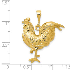 14K Gold Men's Polished Rooster Pendant with Textured Open-Back Design