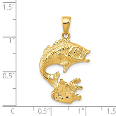 14K Gold Polished Men's Bass Fish Pendant with Open Design