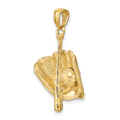 14K Gold 3D Glove, Bat, and Baseball Pendant for Men Polished Finish