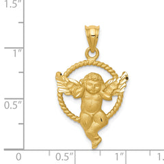 14K Gold Satin Angel in Circle Pendant with Brushed Finish