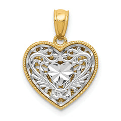 14K Two-Tone Gold Reversible Diamond-Cut Heart Pendant Polished Finish