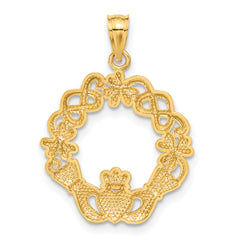 14K Gold Rhodium Claddagh Pendant for Men Polished, Textured Solid Design