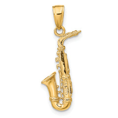 14K Gold 3D Saxophone Pendant for Men Polished, Textured Design