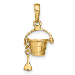 14K Gold 3D Beach Bucket with Shovel Charm Solid, Casted, Elegant Design