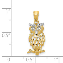 14K Gold Owl Pendant with Rhodium Accents Diamond-Cut Polished Finish