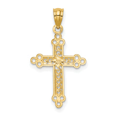 14K Gold Budded Cross Pendant with Rhodium Accent Polished Finish