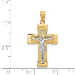 14K Two-Tone Gold Crucifix Pendant with Textured Solid Design 30mm