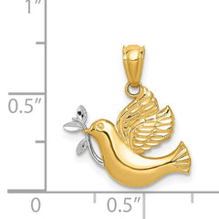 14K Gold Rhodium Polished Dove Pendant with Olive Branch Elegant Symbol of Peace