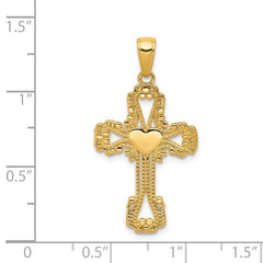 14K Gold Beaded Cross with Heart Pendant Polished, Solid, Elegant Design