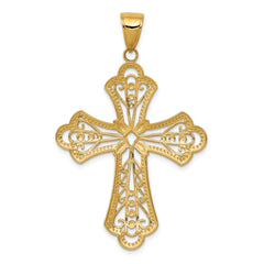 14K Gold with Rhodium Filigree Cross Pendant, Diamond-Cut, Elegant Design
