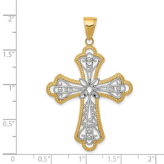 14K Gold with Rhodium Filigree Cross Pendant, Diamond-Cut, Elegant Design