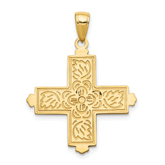 14K Gold Etched Square Cross Pendant with Crown Tips Polished & Reversible