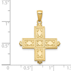 14K Gold Etched Square Cross Pendant with Crown Tips Polished & Reversible