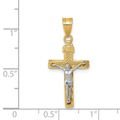 14K Two-Tone Gold Diamond-Cut Lattice Cross Crucifix Pendant Polished Finish