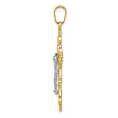 14K Two-Tone Gold Inri Crucifix Pendant with Lacy-Edge Design 35mm