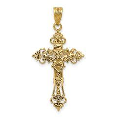 14K Two-Tone Gold Inri Crucifix Pendant with Lacy-Edge Design 35mm