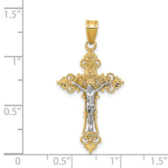 14K Two-Tone Gold Inri Crucifix Pendant with Lacy-Edge Design 35mm