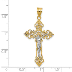 14K Two-Tone Gold Inri Crucifix Pendant with Lacy Edge 43mm Elegant Design