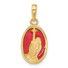 14K Gold Red Enamel Praying Hands and Cross Pendant Solid & Themed Charm