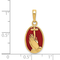 14K Gold Red Enamel Praying Hands and Cross Pendant Solid & Themed Charm