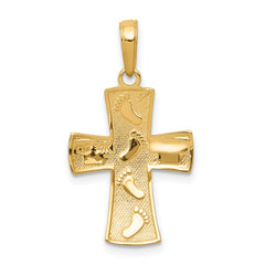 14K Gold Footprints Cross Pendant with Rhodium Accents and Polished Finish
