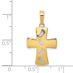 14K Gold Footprints Cross Pendant with Rhodium Accents and Polished Finish