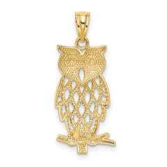14K Yellow Gold Diamond-Cut Owl Pendant with Rhodium Accents Polished Finish