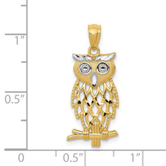 14K Yellow Gold Diamond-Cut Owl Pendant with Rhodium Accents Polished Finish