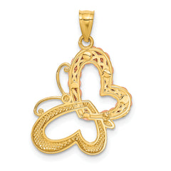 14K Two-Tone Gold Butterfly Pendant with White Rhodium Hearts Polished Finish
