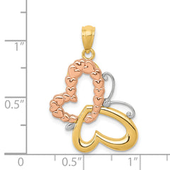 14K Two-Tone Gold Butterfly Pendant with White Rhodium Hearts Polished Finish
