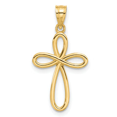 14K Yellow Gold Ribbon Cross Pendant with Solid Cast Design 23mm