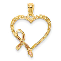 14K Rose Rhodium Pink Ribbon with Heart Pendant