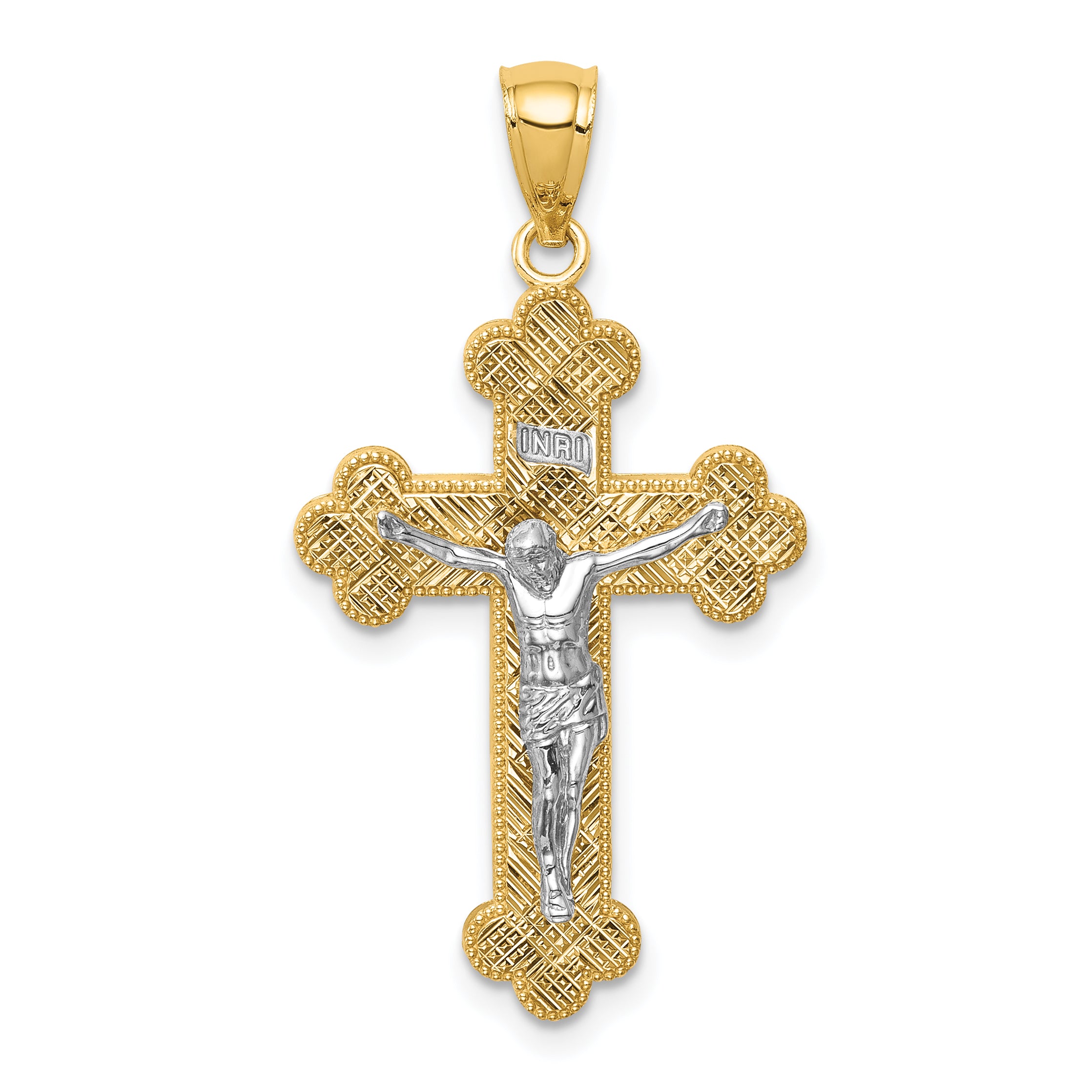14K Two-Tone w/Rhodium Inri Budded Crucifix