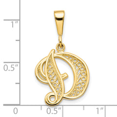 14K Yellow Gold Script Filigree Letter D Pendant Elegant Polished Finish