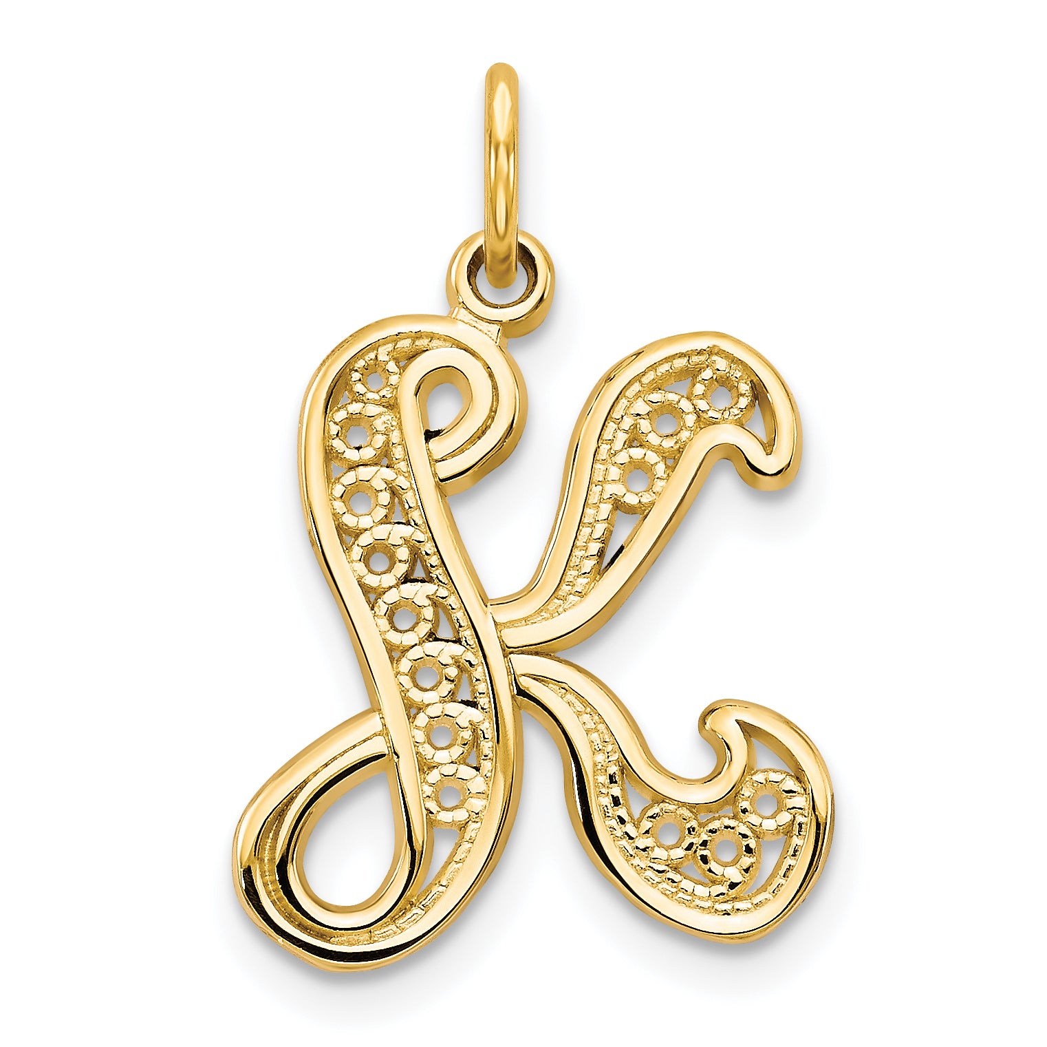 14KY Polished Script Filigree Letter K Initial Pendant