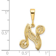 14K Gold Polished Filigree Script Letter N Pendant Elegant & Large