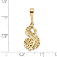 14K Gold Polished Script Filigree Letter S Pendant Elegant Statement Piece