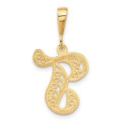 14K Gold Polished Filigree Script T Initial Pendant Large Elegant Design