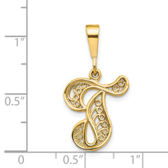 14K Gold Polished Filigree Script T Initial Pendant Large Elegant Design