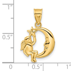14K Gold Angel, Moon, and Star Pendant Elegant, Solid Cast Design