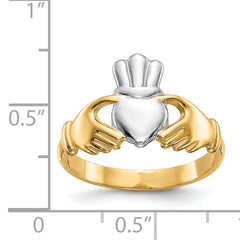 14k Polished and Rhodium Claddagh Ring